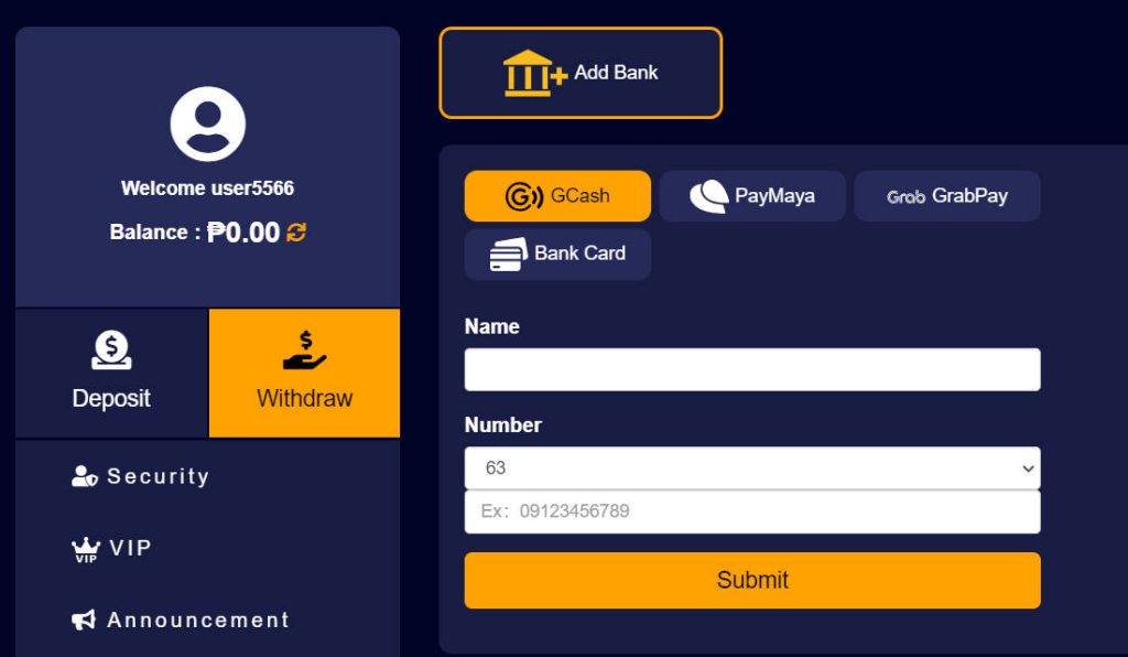 withdraw at 30jili Step 2: Select withdrawal account information